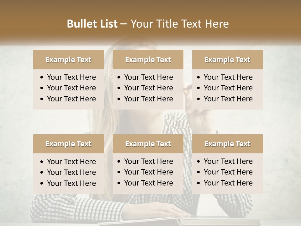 A Woman Sitting At A Table With A Pen In Her Mouth PowerPoint Template