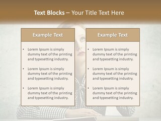 A Woman Sitting At A Table With A Pen In Her Mouth PowerPoint Template