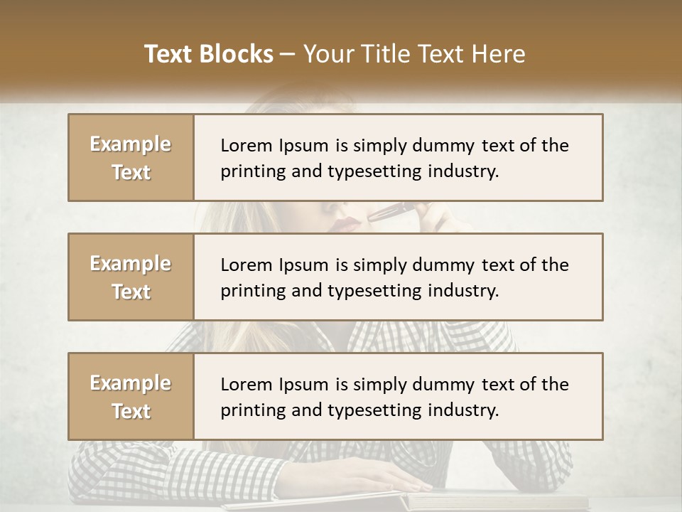 A Woman Sitting At A Table With A Pen In Her Mouth PowerPoint Template