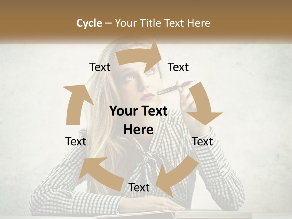 A Woman Sitting At A Table With A Pen In Her Mouth PowerPoint Template