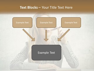 A Woman Sitting At A Table With A Pen In Her Mouth PowerPoint Template