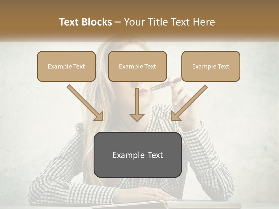 A Woman Sitting At A Table With A Pen In Her Mouth PowerPoint Template