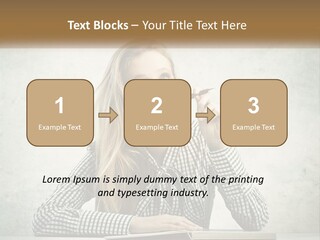 A Woman Sitting At A Table With A Pen In Her Mouth PowerPoint Template