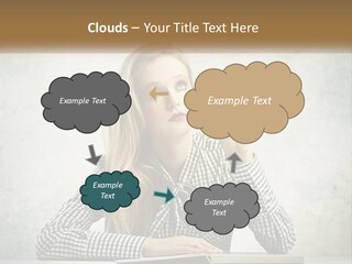 A Woman Sitting At A Table With A Pen In Her Mouth PowerPoint Template