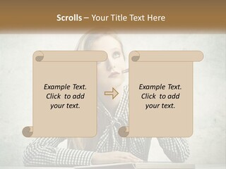 A Woman Sitting At A Table With A Pen In Her Mouth PowerPoint Template