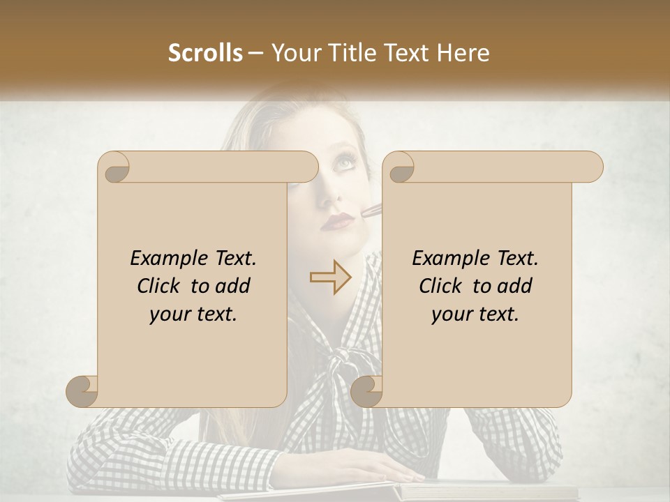 A Woman Sitting At A Table With A Pen In Her Mouth PowerPoint Template