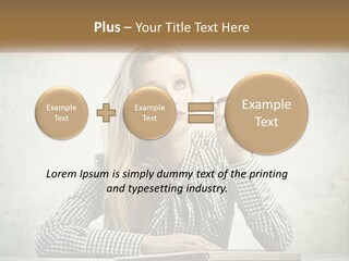 A Woman Sitting At A Table With A Pen In Her Mouth PowerPoint Template