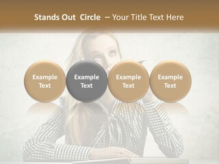 A Woman Sitting At A Table With A Pen In Her Mouth PowerPoint Template