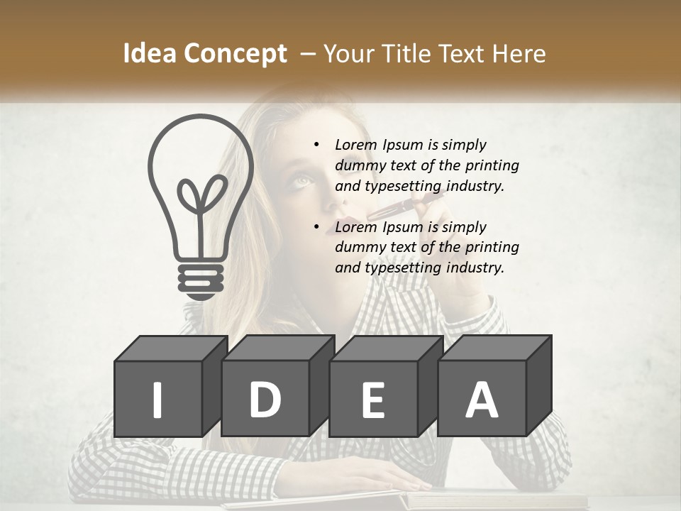 A Woman Sitting At A Table With A Pen In Her Mouth PowerPoint Template