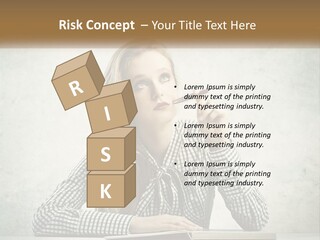 A Woman Sitting At A Table With A Pen In Her Mouth PowerPoint Template