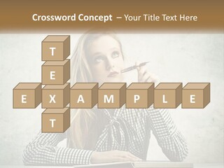 A Woman Sitting At A Table With A Pen In Her Mouth PowerPoint Template