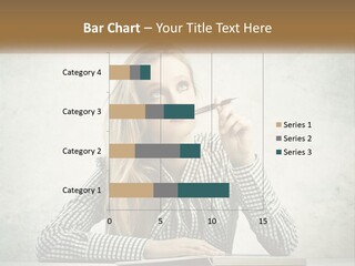 A Woman Sitting At A Table With A Pen In Her Mouth PowerPoint Template