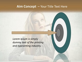 A Woman Sitting At A Table With A Pen In Her Mouth PowerPoint Template