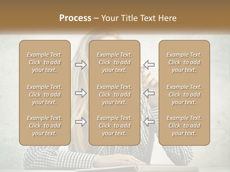 A Woman Sitting At A Table With A Pen In Her Mouth PowerPoint Template
