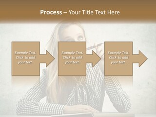A Woman Sitting At A Table With A Pen In Her Mouth PowerPoint Template