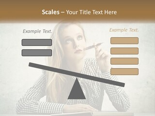 A Woman Sitting At A Table With A Pen In Her Mouth PowerPoint Template