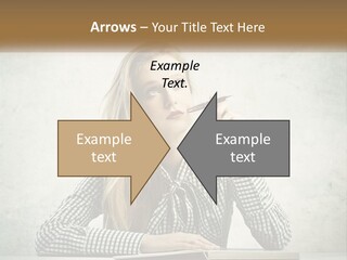 A Woman Sitting At A Table With A Pen In Her Mouth PowerPoint Template