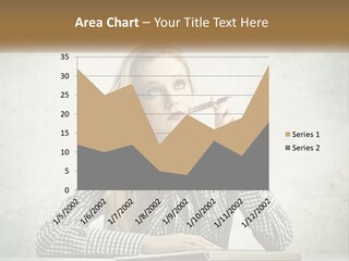 A Woman Sitting At A Table With A Pen In Her Mouth PowerPoint Template