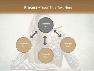 A Woman Sitting At A Table With A Pen In Her Mouth PowerPoint Template