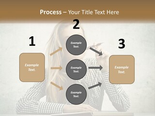 A Woman Sitting At A Table With A Pen In Her Mouth PowerPoint Template