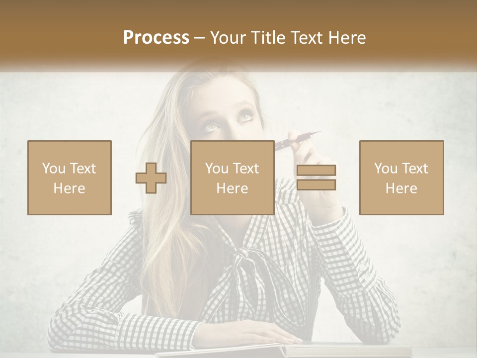 A Woman Sitting At A Table With A Pen In Her Mouth PowerPoint Template