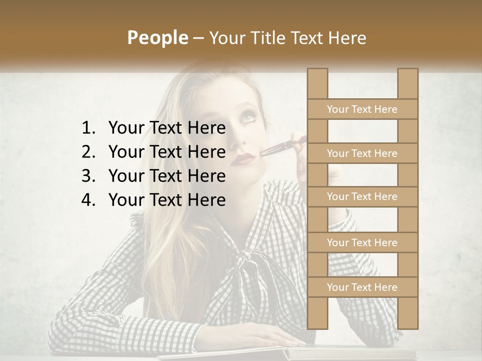 A Woman Sitting At A Table With A Pen In Her Mouth PowerPoint Template