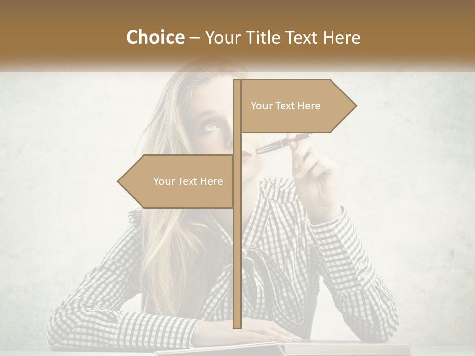 A Woman Sitting At A Table With A Pen In Her Mouth PowerPoint Template