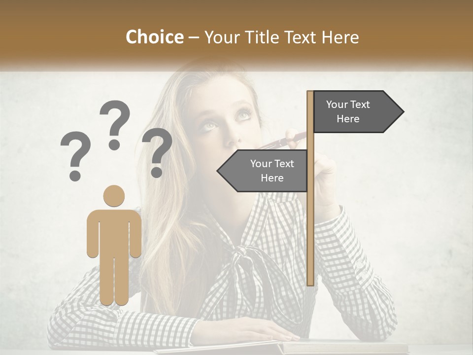 A Woman Sitting At A Table With A Pen In Her Mouth PowerPoint Template