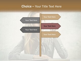 A Woman Sitting At A Table With A Pen In Her Mouth PowerPoint Template