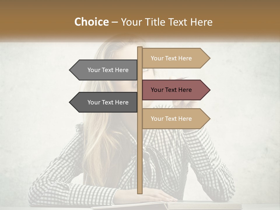 A Woman Sitting At A Table With A Pen In Her Mouth PowerPoint Template