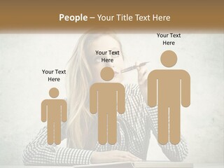 A Woman Sitting At A Table With A Pen In Her Mouth PowerPoint Template