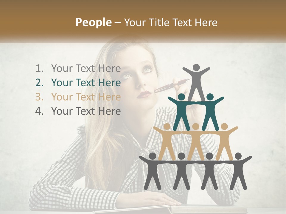A Woman Sitting At A Table With A Pen In Her Mouth PowerPoint Template