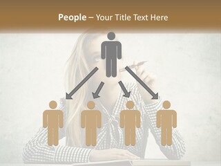 A Woman Sitting At A Table With A Pen In Her Mouth PowerPoint Template