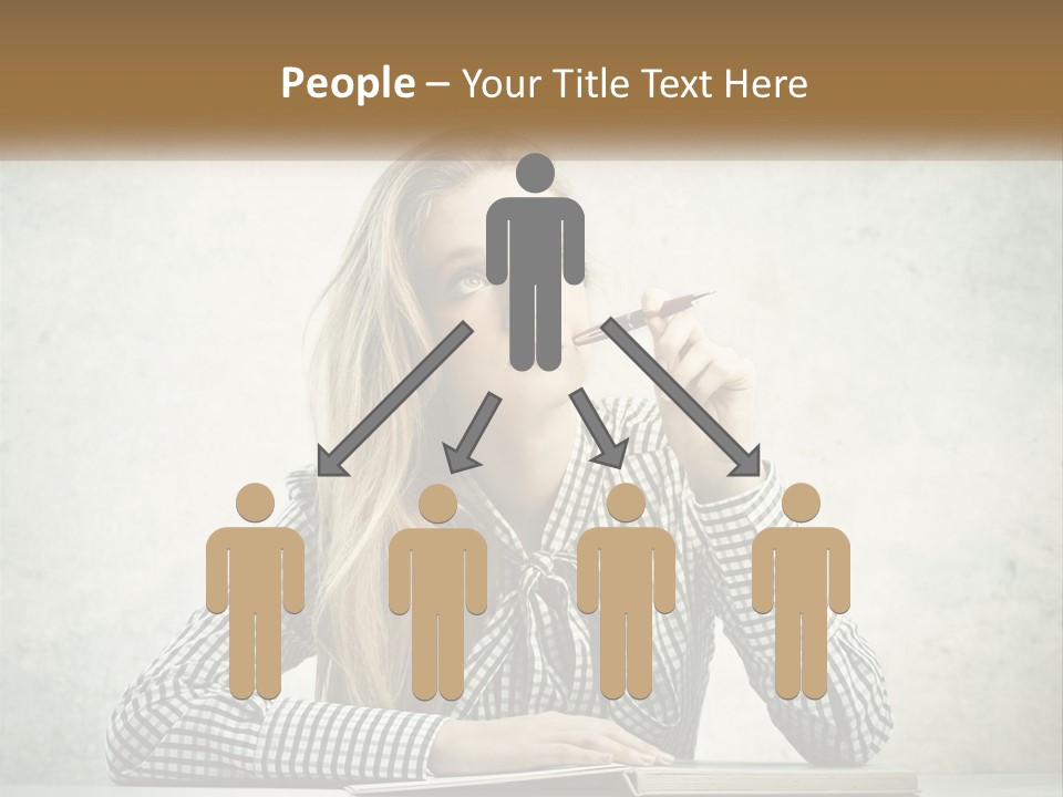 A Woman Sitting At A Table With A Pen In Her Mouth PowerPoint Template