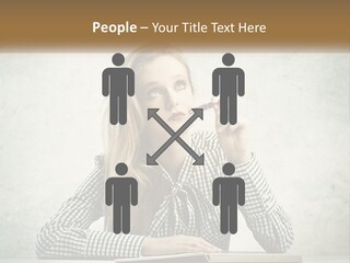 A Woman Sitting At A Table With A Pen In Her Mouth PowerPoint Template