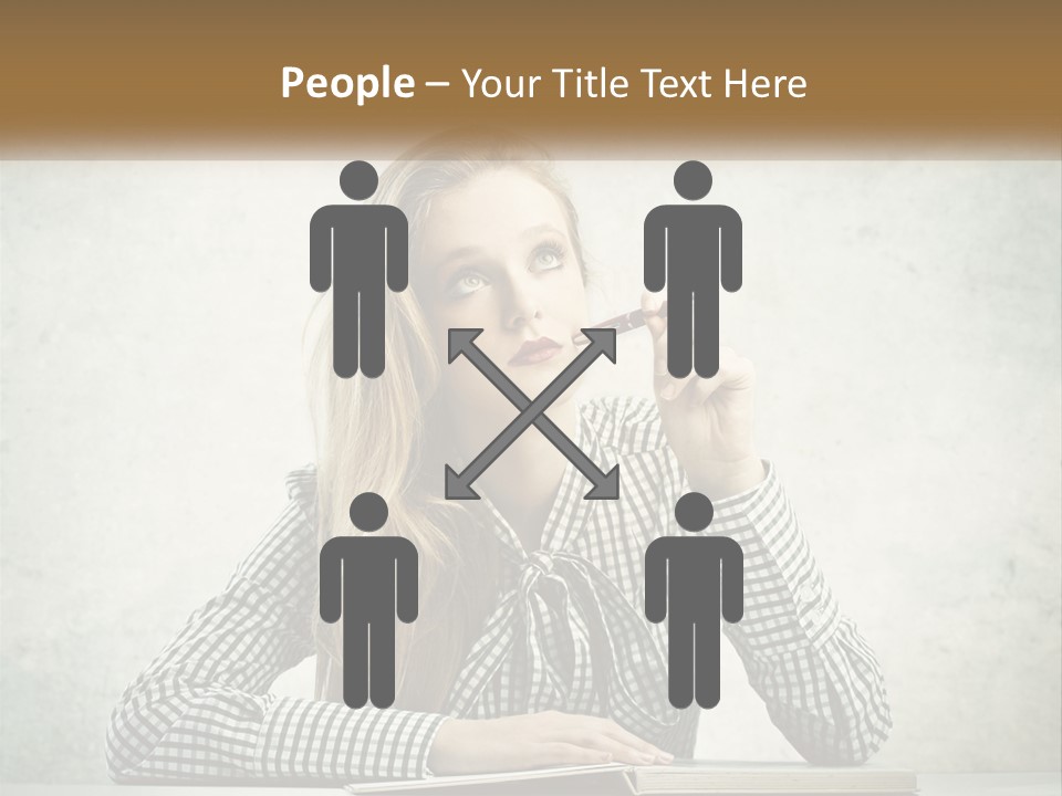 A Woman Sitting At A Table With A Pen In Her Mouth PowerPoint Template