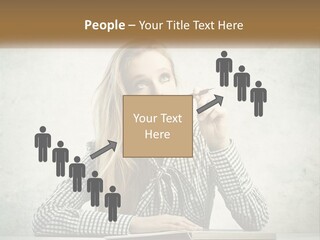 A Woman Sitting At A Table With A Pen In Her Mouth PowerPoint Template