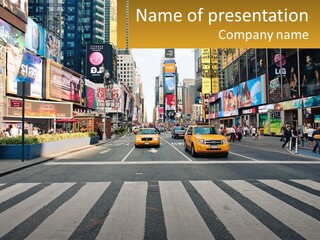 Two Taxi Cabs Driving Down A Busy City Street PowerPoint Template