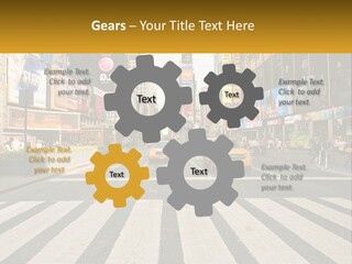 Two Taxi Cabs Driving Down A Busy City Street PowerPoint Template