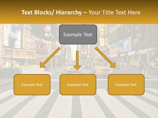 Two Taxi Cabs Driving Down A Busy City Street PowerPoint Template