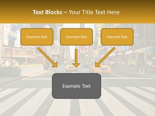 Two Taxi Cabs Driving Down A Busy City Street PowerPoint Template