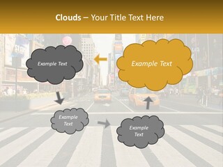 Two Taxi Cabs Driving Down A Busy City Street PowerPoint Template