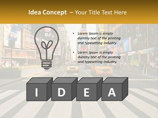 Two Taxi Cabs Driving Down A Busy City Street PowerPoint Template