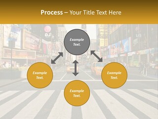 Two Taxi Cabs Driving Down A Busy City Street PowerPoint Template
