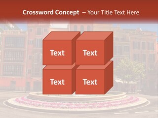 A Fountain In Front Of A Row Of Multi - Colored Buildings PowerPoint Template