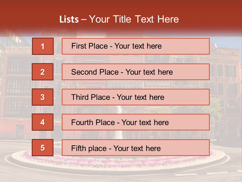 A Fountain In Front Of A Row Of Multi - Colored Buildings PowerPoint Template