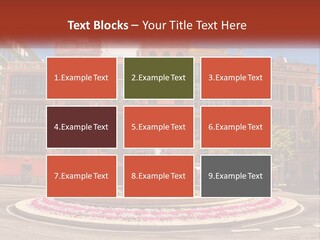 A Fountain In Front Of A Row Of Multi - Colored Buildings PowerPoint Template