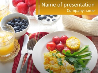 A Plate Of Food On A Table With A Glass Of Orange Juice PowerPoint Template