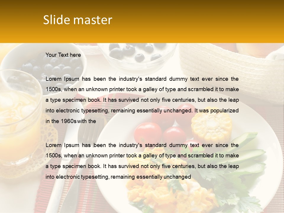 A Plate Of Food On A Table With A Glass Of Orange Juice PowerPoint Template
