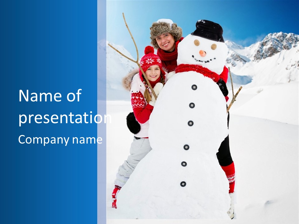 A Couple Of People Standing Next To A Snowman PowerPoint Template